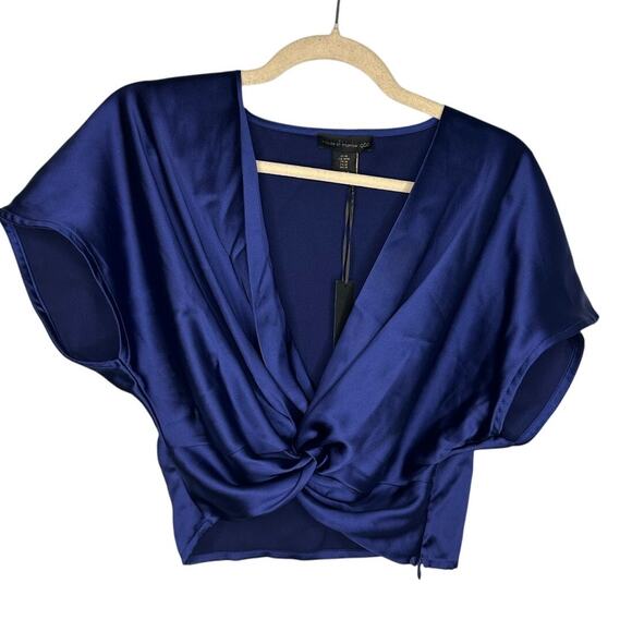 House of Harlow 1960 Twist Front Satin Blouse Size Medium Blue Top NWT - Picture 1 of 5